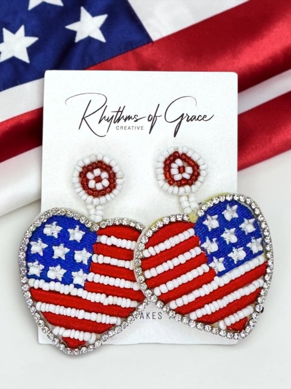 Patriotic Beaded Heart Flag Dangle Earrings Red White Blue Rhinestone